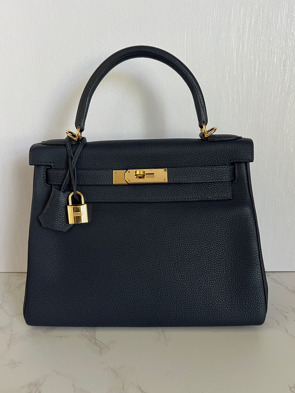 Hermes Kelly Retourne 28 in Bleu Nuit Togo Leather with Gold Hardware